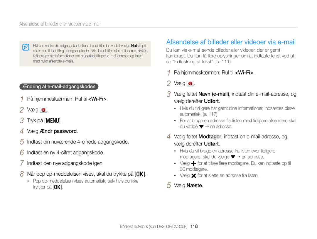 Samsung EC-DV300ZBPRE2 manual Afsendelse af billeder eller videoer via e-mail, Vælg Næste, Ændring af e-mail-adgangskoden 