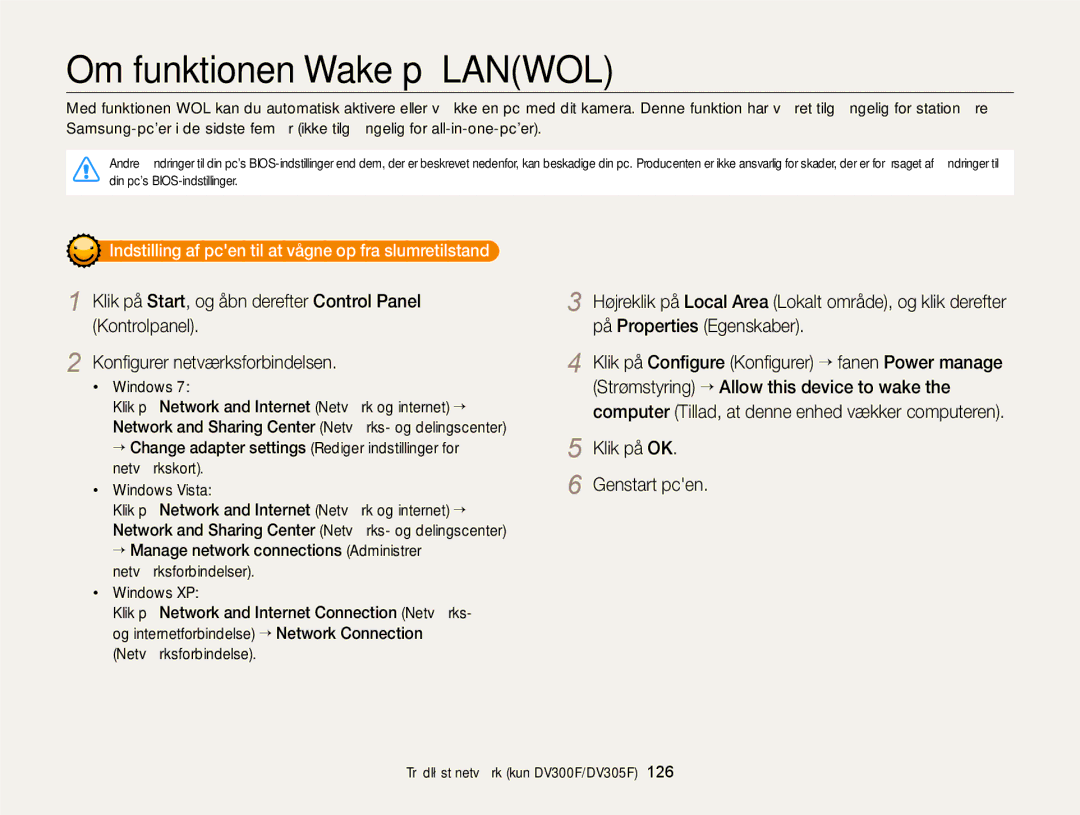 Samsung EC-DV300ZBPBE2 manual Klik på OK Genstart pcen, Indstilling af pcen til at vågne op fra slumretilstand, Windows 
