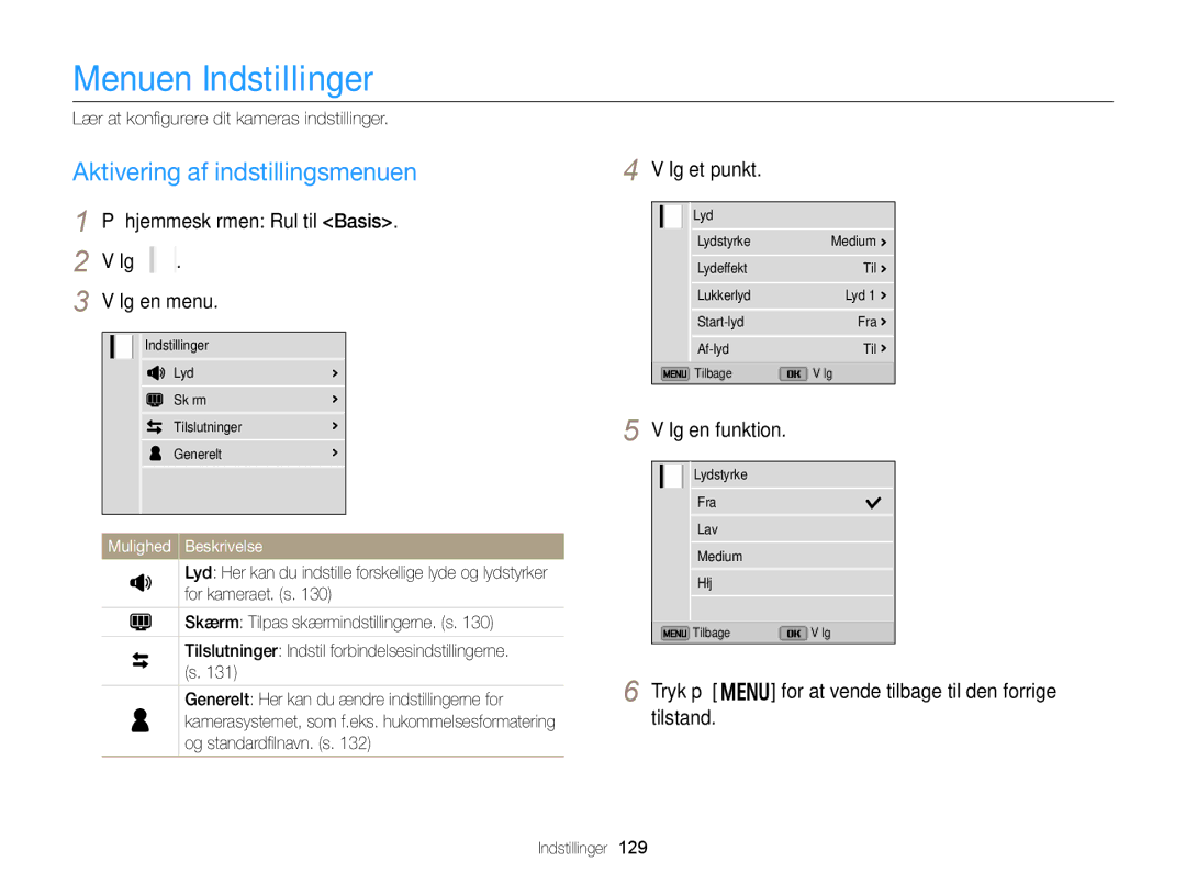 Samsung EC-DV300FBPRE2 manual Vælg et punkt, Tryk på m for at vende tilbage til den forrige tilstand, Indstillinger, 129 