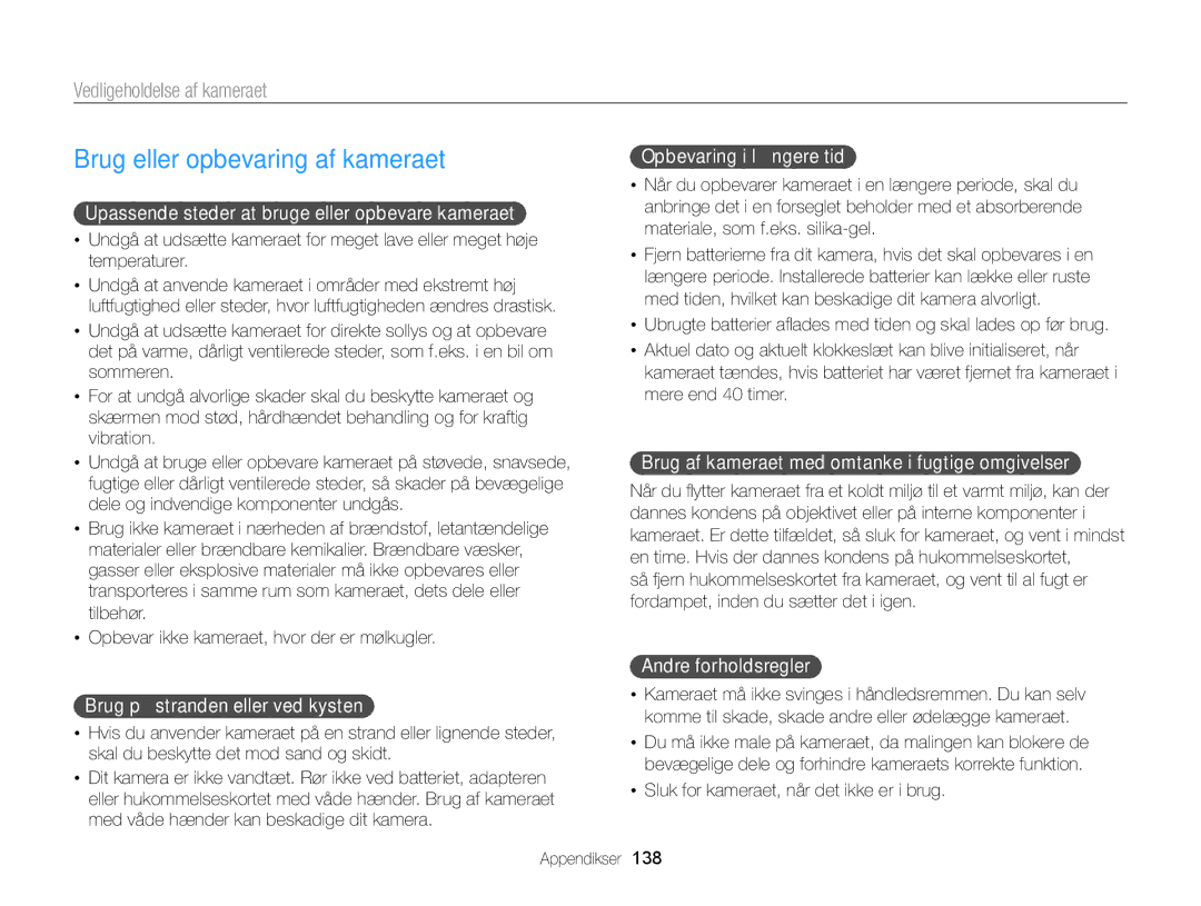 Samsung EC-DV300ZBPBE2, EC-DV300ZBPUE2, EC-DV300FBPUE2 manual Brug eller opbevaring af kameraet, Vedligeholdelse af kameraet 
