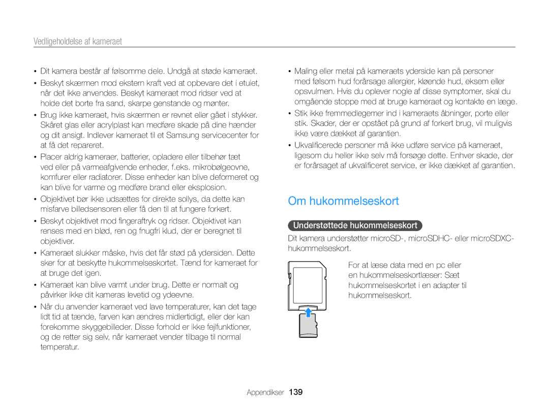 Samsung EC-DV300FBPUE2, EC-DV300ZBPUE2, EC-DV300ZBPBE2, EC-DV300FBPBE2 Om hukommelseskort, Understøttede hukommelseskort 