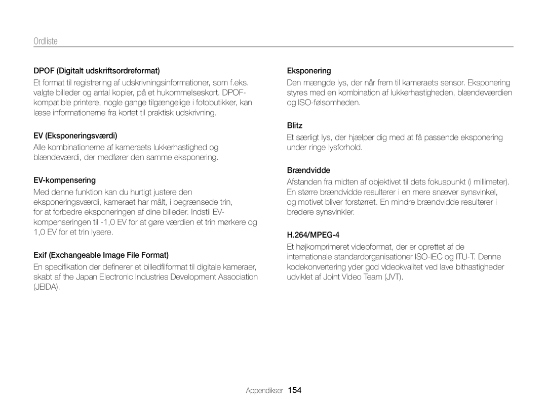 Samsung EC-DV300ZBPRE2, EC-DV300ZBPUE2, EC-DV300ZBPBE2 Ordliste, Dpof Digitalt udskriftsordreformat, EV Eksponeringsværdi 