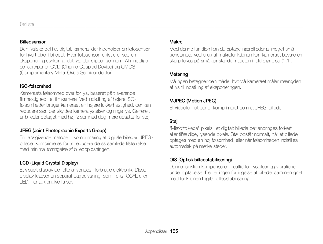 Samsung EC-DV300ZBPUE2, EC-DV300ZBPBE2, EC-DV300FBPUE2, EC-DV300FBPBE2, EC-DV300FBPRE2 manual Billedsensor, ISO-følsomhed 