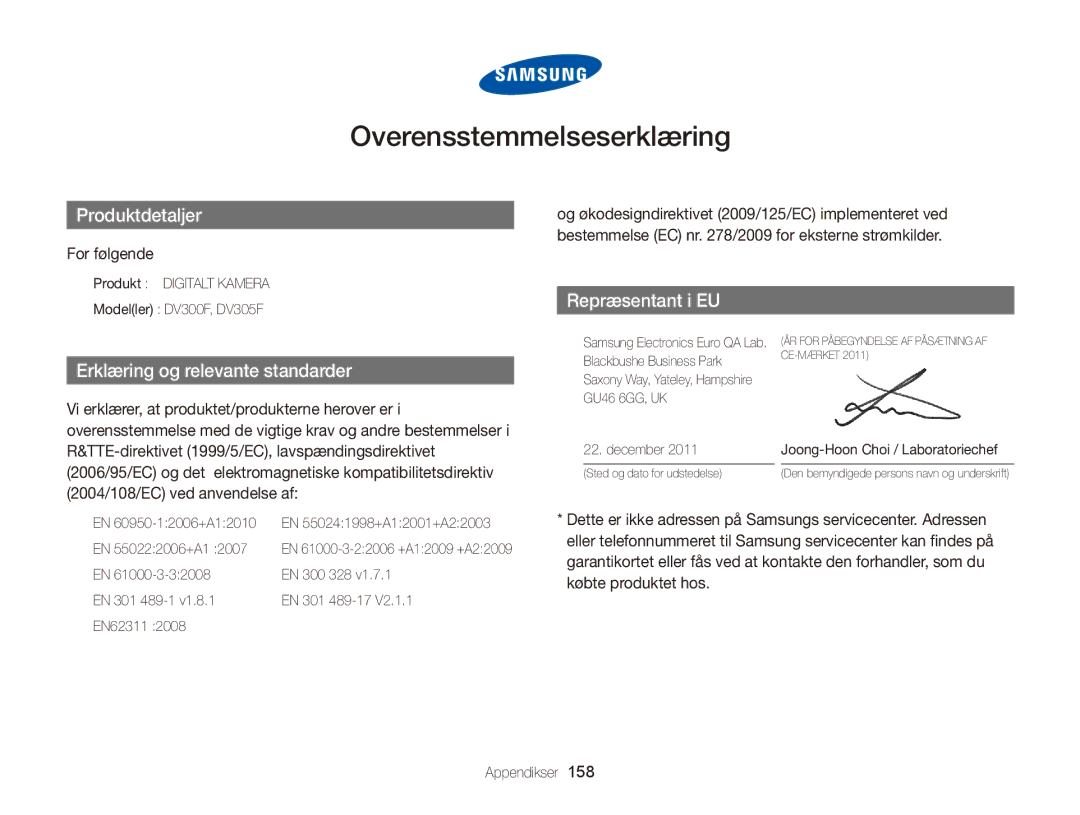 Samsung EC-DV300FBPBE2, EC-DV300ZBPUE2, EC-DV300ZBPBE2, EC-DV300FBPUE2 manual Overensstemmelseserklæring, For følgende 