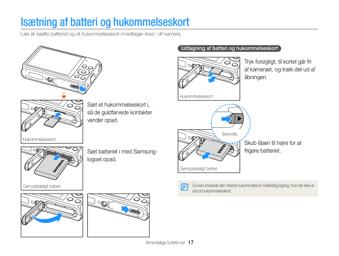 Samsung EC-DV300ZBPUE2, EC-DV300ZBPBE2 Isætning af batteri og hukommelseskort, Udtagning af batteri og hukommelseskort 