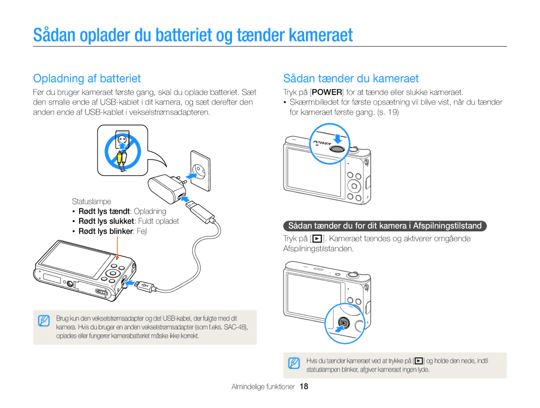 Samsung EC-DV300ZBPBE2 Sådan oplader du batteriet og tænder kameraet, Opladning af batteriet, Sådan tænder du kameraet 