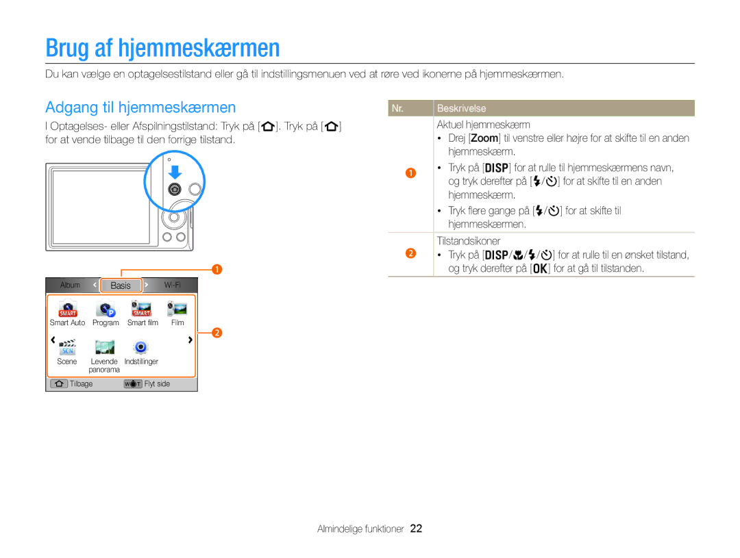 Samsung EC-DV300ZBPRE2, EC-DV300ZBPUE2, EC-DV300ZBPBE2, EC-DV300FBPUE2 manual Brug af hjemmeskærmen, Adgang til hjemmeskærmen 