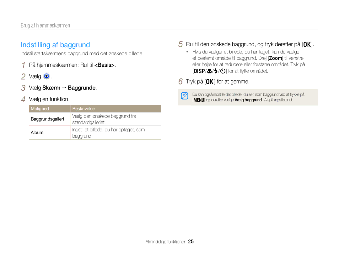 Samsung EC-DV300FBPUE2 manual Indstilling af baggrund, På hjemmeskærmen Rul til Basis, Vælg Vælg Skærm “ Baggrunde 