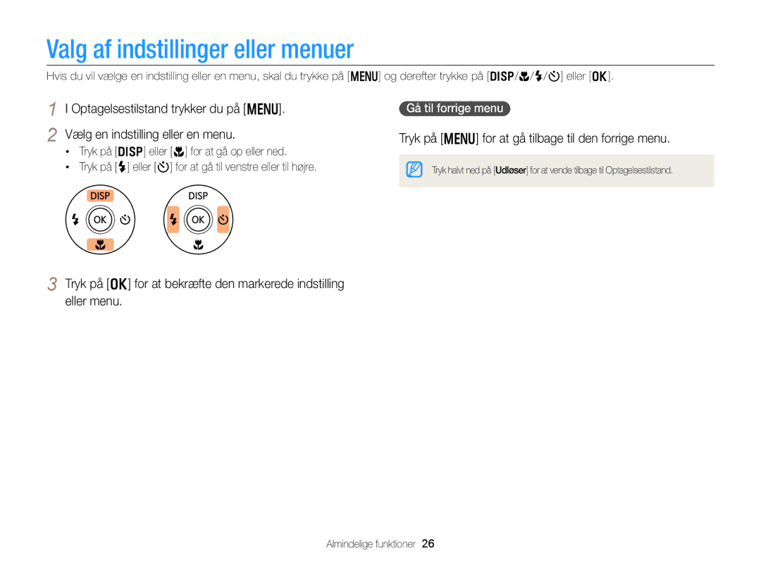 Samsung EC-DV300FBPBE2 manual Valg af indstillinger eller menuer, Tryk på m for at gå tilbage til den forrige menu 