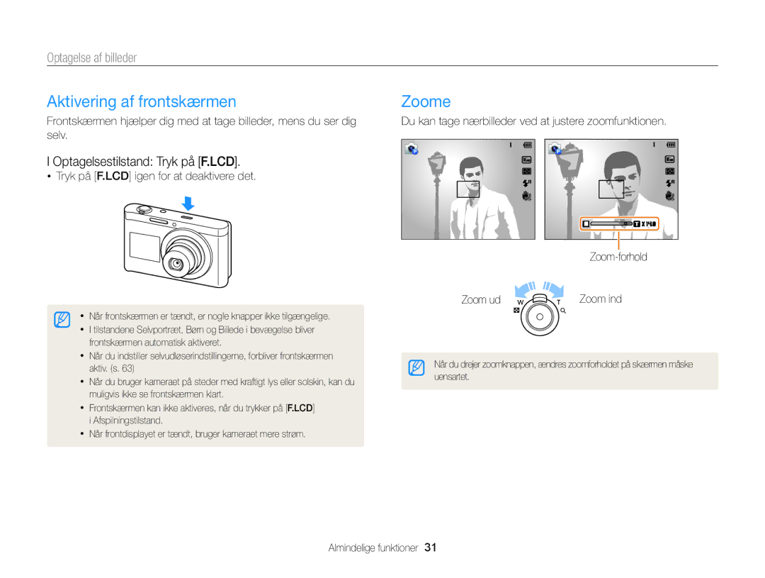 Samsung EC-DV300FBPUE2 manual Aktivering af frontskærmen, Zoome, Optagelse af billeder, Optagelsestilstand Tryk på F.LCD 