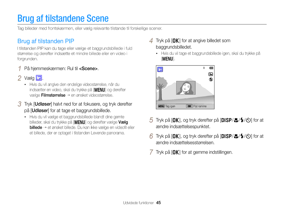 Samsung EC-DV300FBPRE2 manual Brug af tilstandene Scene, Brug af tilstanden PIP, På hjemmeskærmen Rul til Scene Vælg 