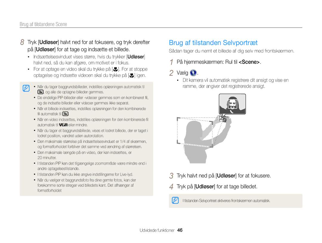 Samsung EC-DV300ZBPRE2, EC-DV300ZBPUE2, EC-DV300ZBPBE2 manual Brug af tilstanden Selvportræt, Brug af tilstandene Scene 