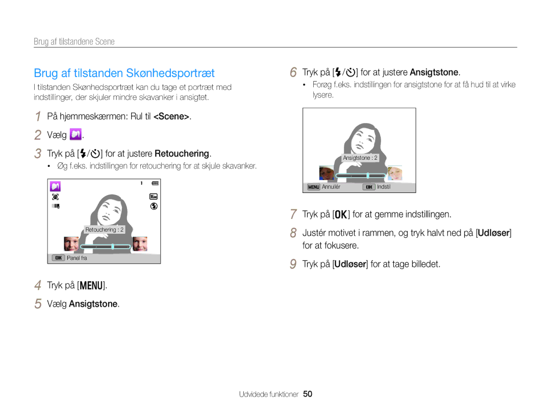 Samsung EC-DV300FBPBE2, EC-DV300ZBPUE2 manual Brug af tilstanden Skønhedsportræt, Tryk på o for at gemme indstillingen 