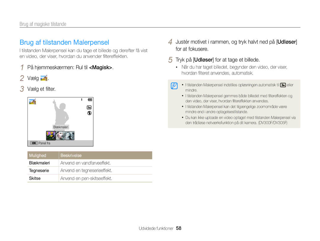 Samsung EC-DV300ZBPRE2, EC-DV300ZBPUE2 Brug af tilstanden Malerpensel, På hjemmeskærmen Rul til Magisk Vælg Vælg et ﬁlter 
