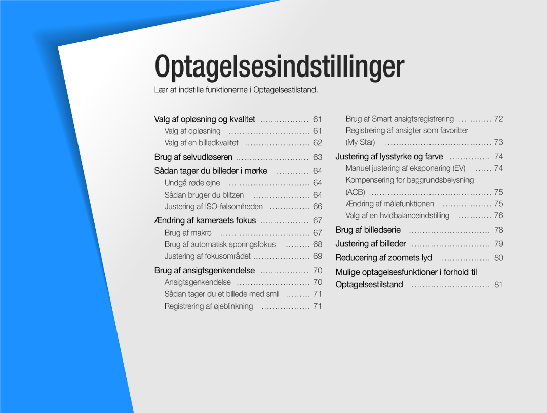 Samsung EC-DV300ZBPBE2, EC-DV300ZBPUE2 manual Valg af opløsning og kvalitet ………………, Ændring af kameraets fokus ……………… 