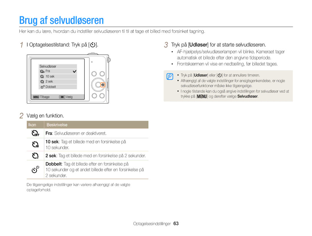 Samsung EC-DV300FBPRE2 Brug af selvudløseren, Optagelsestilstand Tryk på t, Tryk på Udløser for at starte selvudløseren 