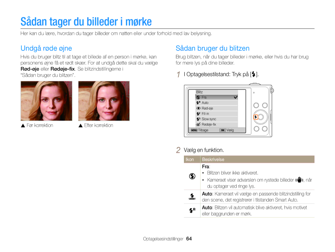 Samsung EC-DV300ZBPRE2, EC-DV300ZBPUE2 manual Sådan tager du billeder i mørke, Undgå røde øjne, Sådan bruger du blitzen 