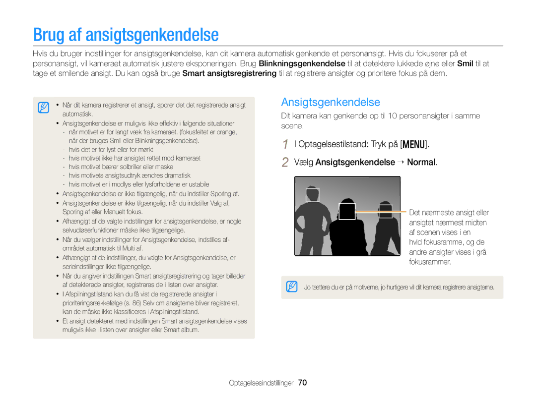 Samsung EC-DV300ZBPRE2, EC-DV300ZBPUE2, EC-DV300ZBPBE2, EC-DV300FBPUE2 manual Brug af ansigtsgenkendelse, Ansigtsgenkendelse 