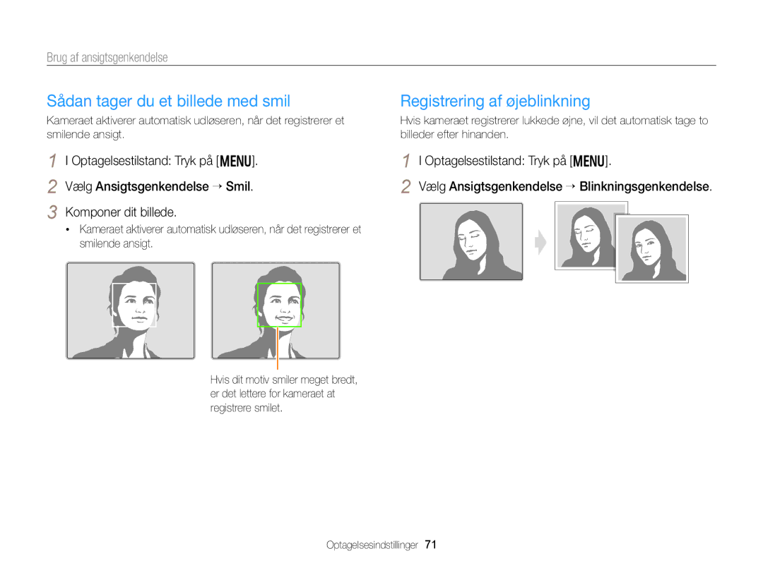 Samsung EC-DV300ZBPUE2 manual Sådan tager du et billede med smil, Registrering af øjeblinkning, Brug af ansigtsgenkendelse 