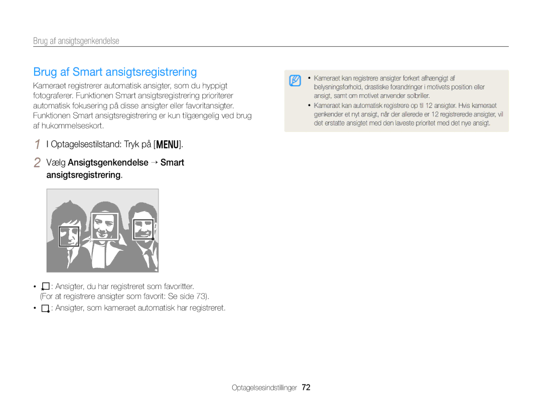 Samsung EC-DV300ZBPBE2 manual Brug af Smart ansigtsregistrering, Ansigter, som kameraet automatisk har registreret 