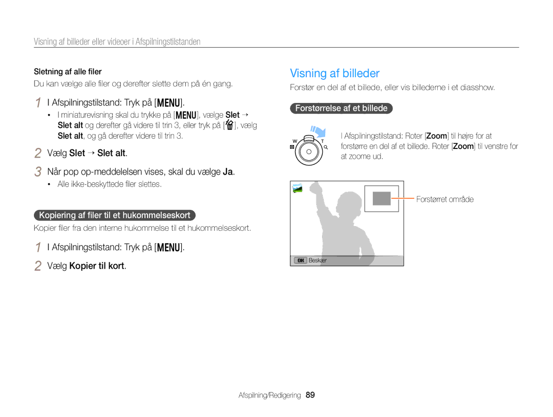 Samsung EC-DV300ZBPUE2 manual Visning af billeder, Afspilningstilstand Tryk på m, Kopiering af ﬁler til et hukommelseskort 