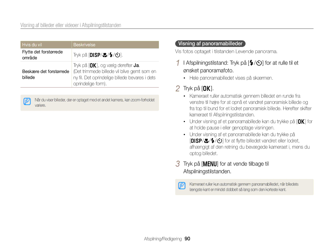 Samsung EC-DV300ZBPBE2 manual Tryk på m for at vende tilbage til Afspilningstilstanden, Visning af panoramabilleder 