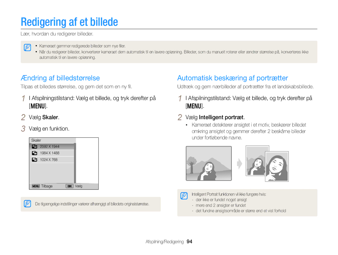 Samsung EC-DV300ZBPRE2 manual Redigering af et billede, Ændring af billedstørrelse, Automatisk beskæring af portrætter 