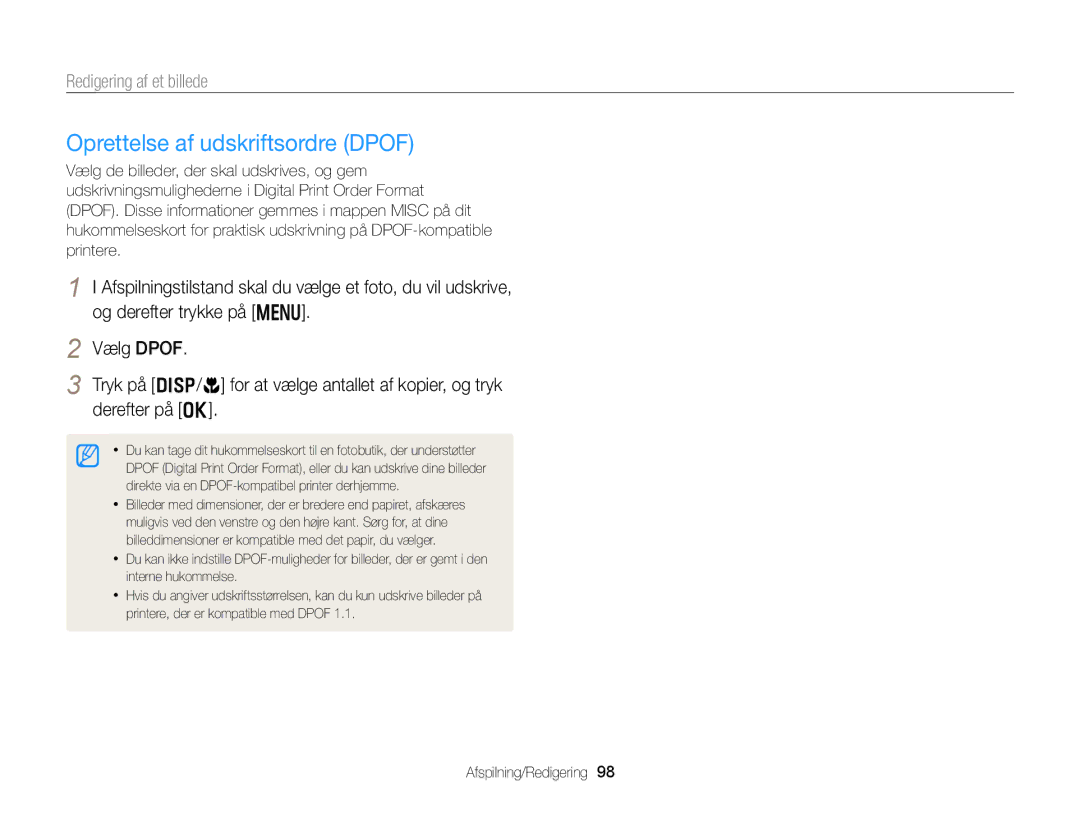 Samsung EC-DV300FBPBE2, EC-DV300ZBPUE2, EC-DV300ZBPBE2, EC-DV300FBPUE2, EC-DV300FBPRE2 manual Oprettelse af udskriftsordre Dpof 