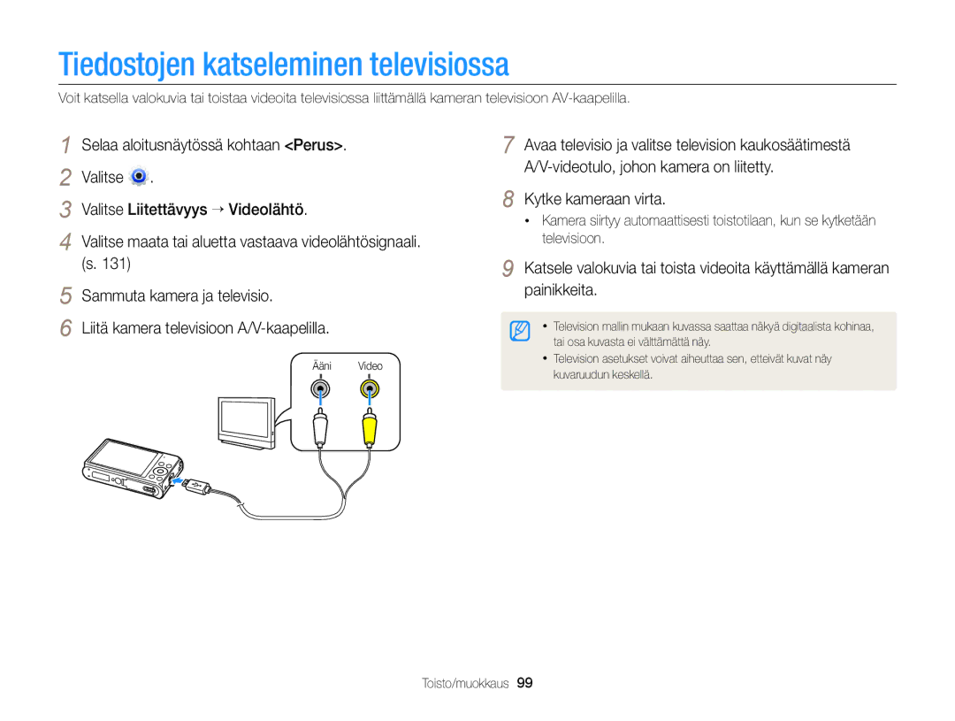 Samsung EC-DV300FBPRE2, EC-DV300ZBPUE2, EC-DV300ZBPBE2 manual Tiedostojen katseleminen televisiossa, Kytke kameraan virta 