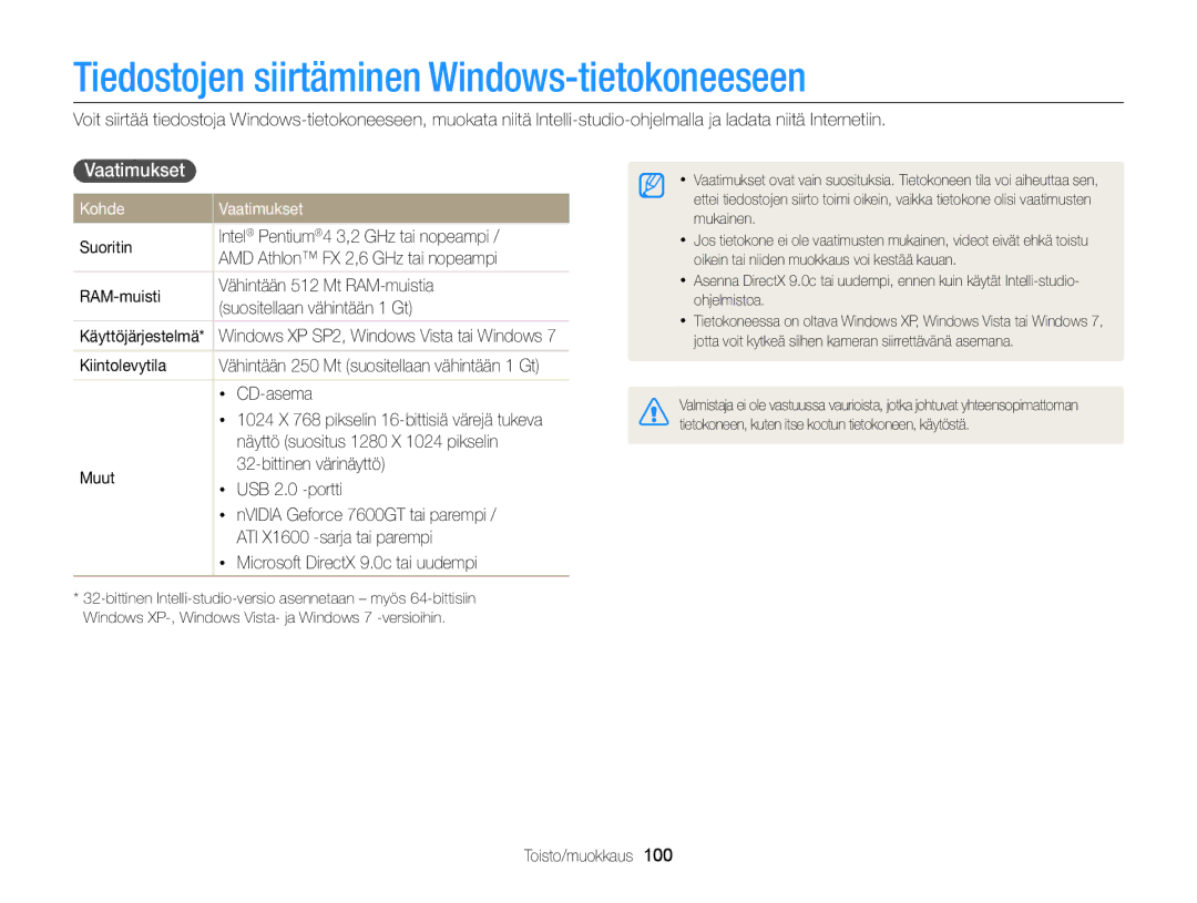 Samsung EC-DV300ZBPRE2, EC-DV300ZBPUE2 manual Tiedostojen siirtäminen Windows-tietokoneeseen, Kohde Vaatimukset 