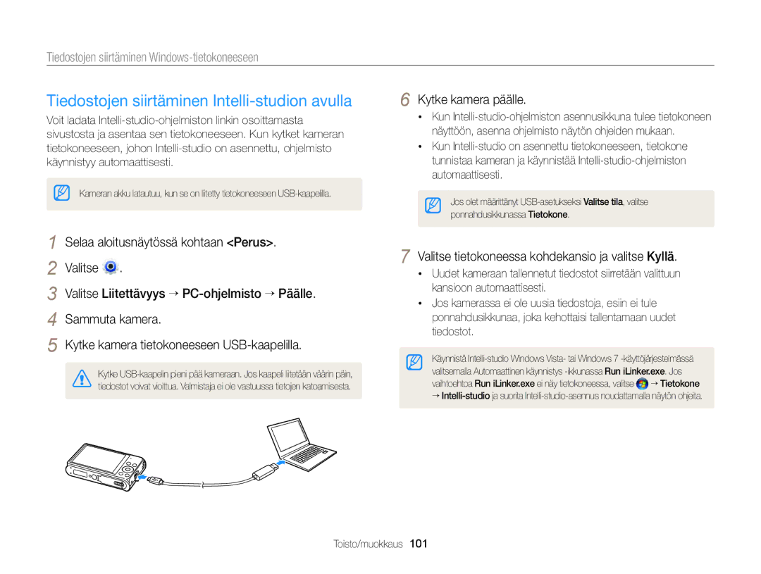 Samsung EC-DV300ZBPUE2 Tiedostojen siirtäminen Intelli-studion avulla, Tiedostojen siirtäminen Windows-tietokoneeseen 