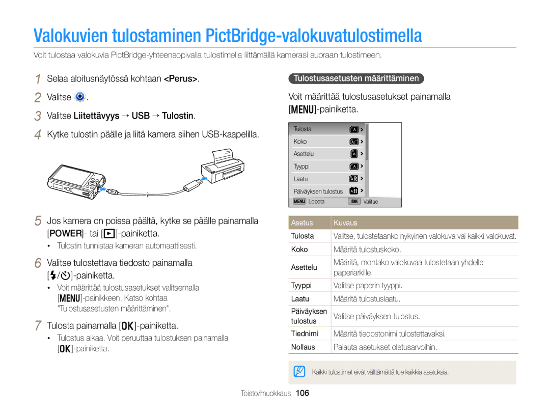 Samsung EC-DV300ZBPRE2 manual Valokuvien tulostaminen PictBridge-valokuvatulostimella, Tulosta painamalla o-painiketta 