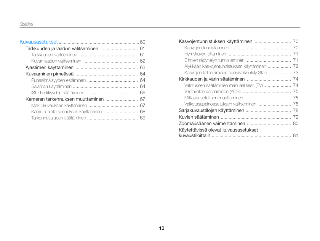 Samsung EC-DV300ZBPRE2, EC-DV300ZBPUE2, EC-DV300ZBPBE2, EC-DV300FBPUE2, EC-DV300FBPBE2, EC-DV300FBPRE2 manual Sisällys 