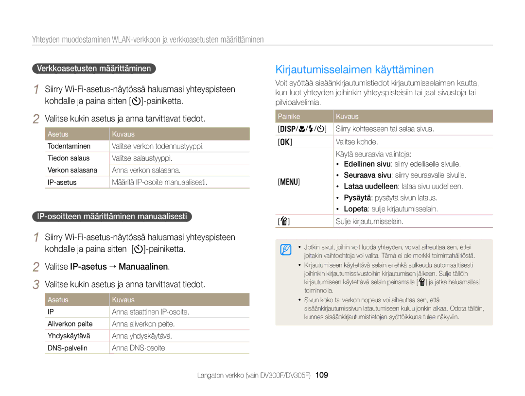 Samsung EC-DV300FBPUE2, EC-DV300ZBPUE2 Kirjautumisselaimen käyttäminen, Valitse kukin asetus ja anna tarvittavat tiedot 