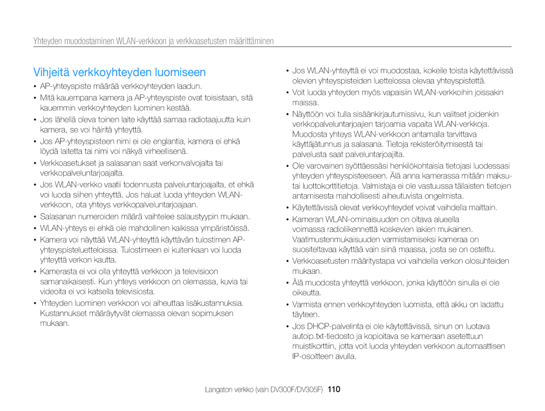 Samsung EC-DV300FBPBE2, EC-DV300ZBPUE2, EC-DV300ZBPBE2, EC-DV300FBPUE2, EC-DV300FBPRE2 manual Vihjeitä verkkoyhteyden luomiseen 