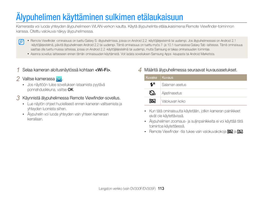 Samsung EC-DV300ZBPUE2 Älypuhelimen käyttäminen sulkimen etälaukaisuun, Käynnistä älypuhelimessa Remote Viewﬁnder-sovellus 