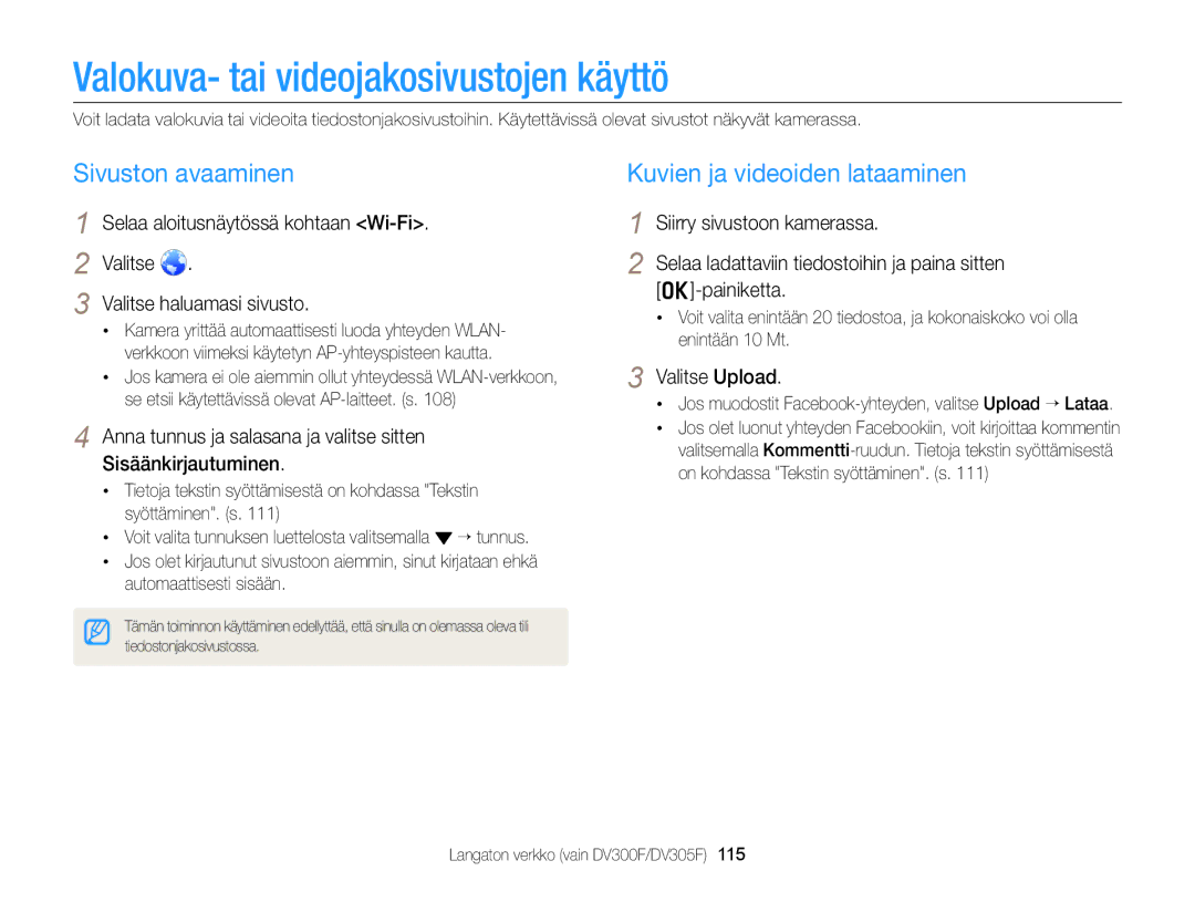 Samsung EC-DV300FBPUE2 manual Valokuva- tai videojakosivustojen käyttö, Sivuston avaaminen, Kuvien ja videoiden lataaminen 