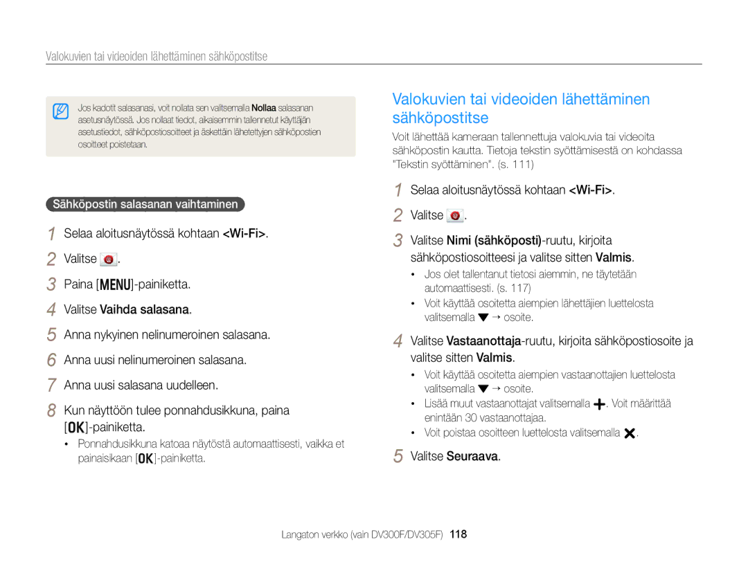 Samsung EC-DV300ZBPRE2 Valokuvien tai videoiden lähettäminen sähköpostitse, Selaa aloitusnäytössä kohtaan Wi-Fi Valitse 