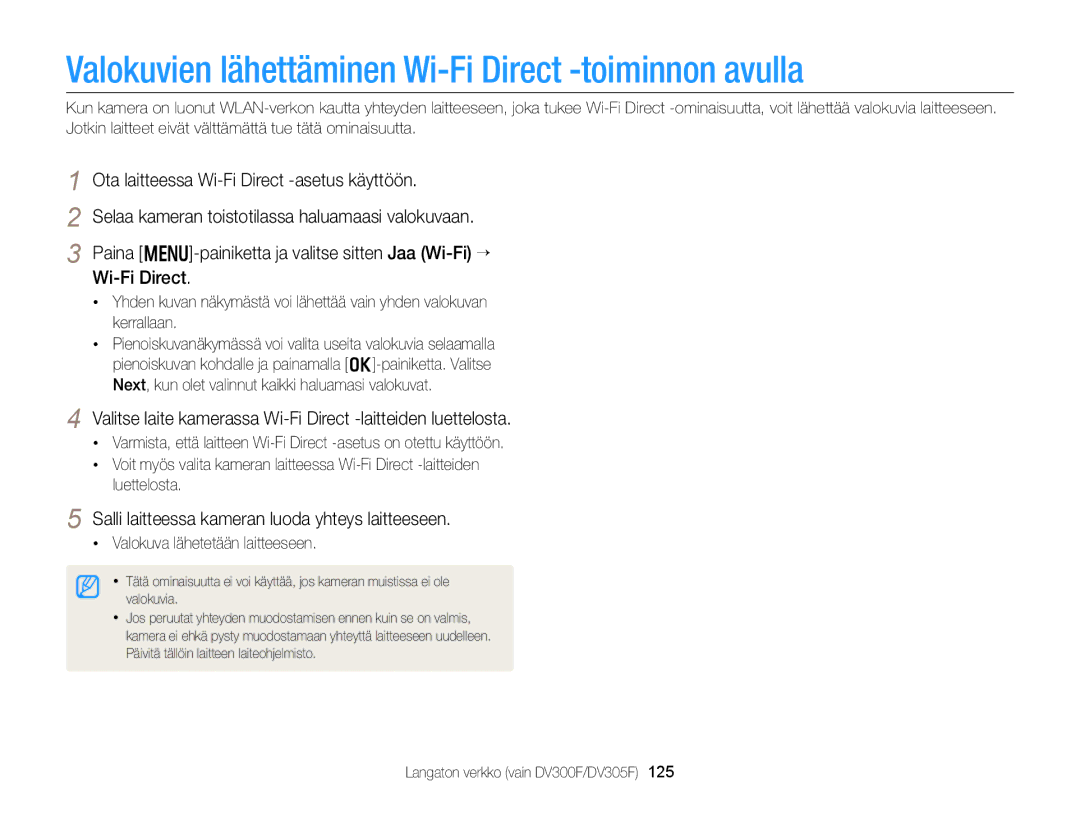 Samsung EC-DV300ZBPUE2 manual Valokuvien lähettäminen Wi-Fi Direct -toiminnon avulla, Valokuva lähetetään laitteeseen 