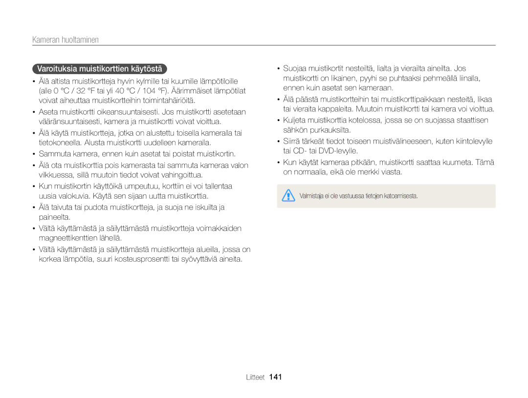 Samsung EC-DV300FBPRE2, EC-DV300ZBPUE2, EC-DV300ZBPBE2, EC-DV300FBPUE2, EC-DV300FBPBE2 Varoituksia muistikorttien käytöstä 