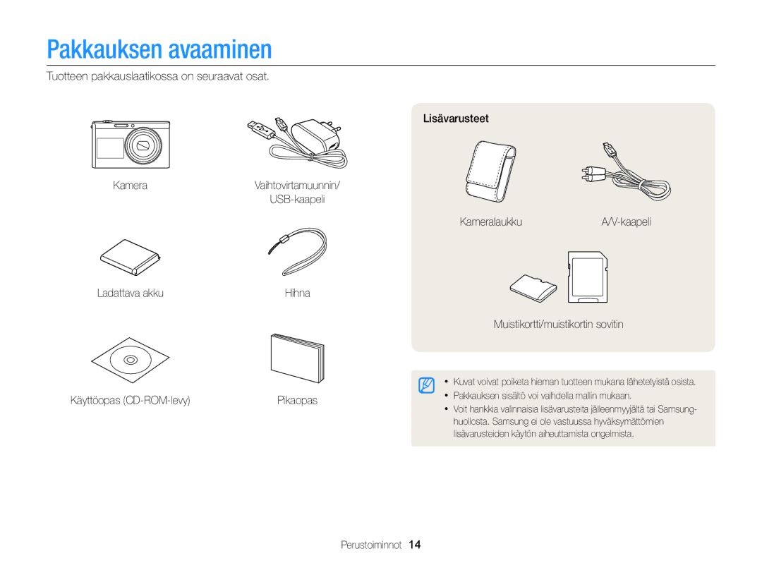 Samsung EC-DV300FBPBE2, EC-DV300ZBPUE2, EC-DV300ZBPBE2 manual Pakkauksen avaaminen, Käyttöopas CD-ROM-levy, Perustoiminnot 