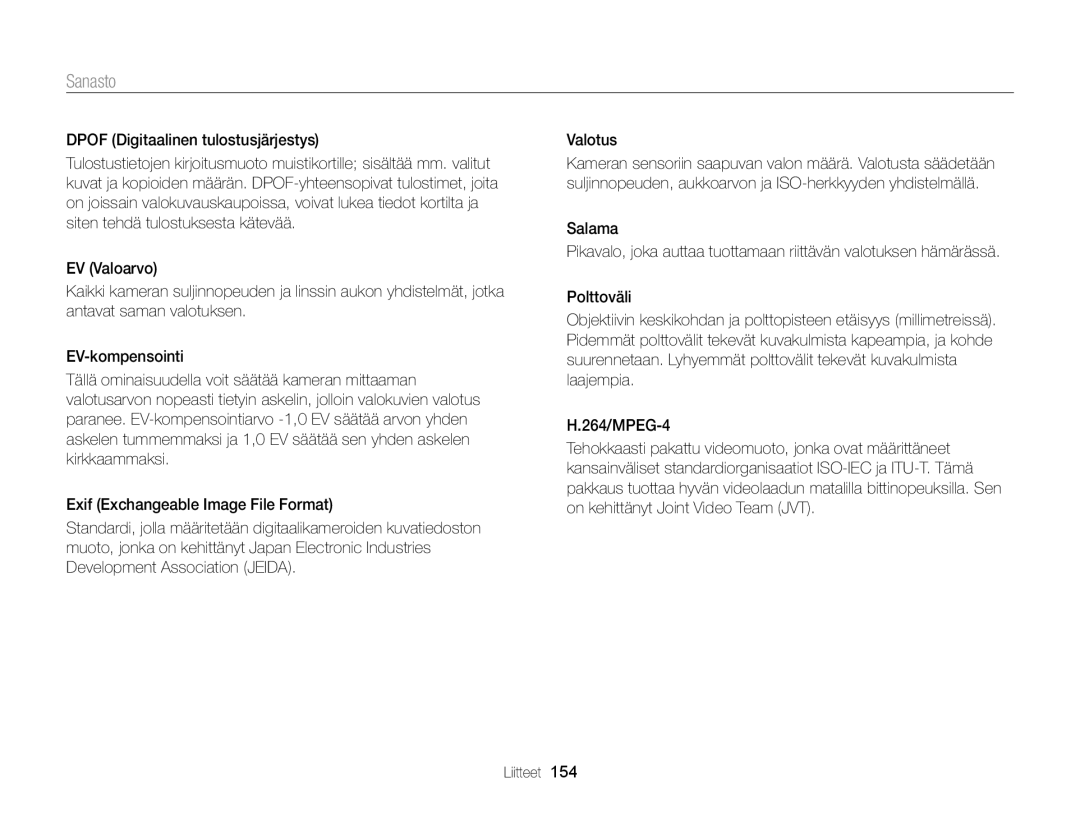 Samsung EC-DV300ZBPRE2, EC-DV300ZBPUE2, EC-DV300ZBPBE2, EC-DV300FBPUE2, EC-DV300FBPBE2, EC-DV300FBPRE2 manual Sanasto 