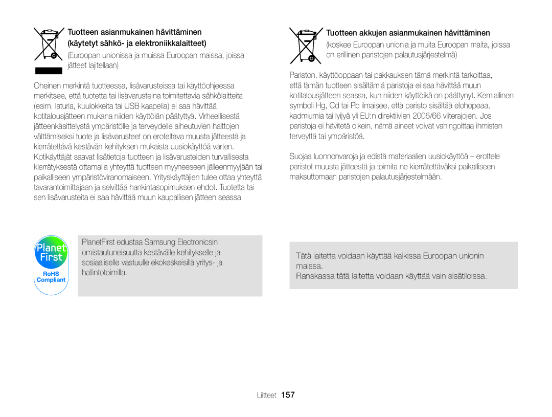 Samsung EC-DV300FBPUE2, EC-DV300ZBPUE2, EC-DV300ZBPBE2, EC-DV300FBPBE2 manual Tuotteen akkujen asianmukainen hävittäminen 