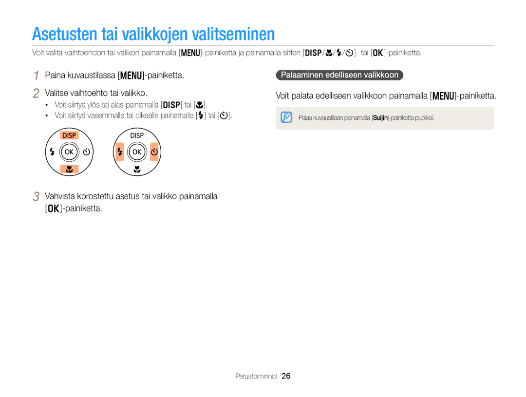 Samsung EC-DV300FBPBE2 Asetusten tai valikkojen valitseminen, Voit palata edelliseen valikkoon painamalla m-painiketta 