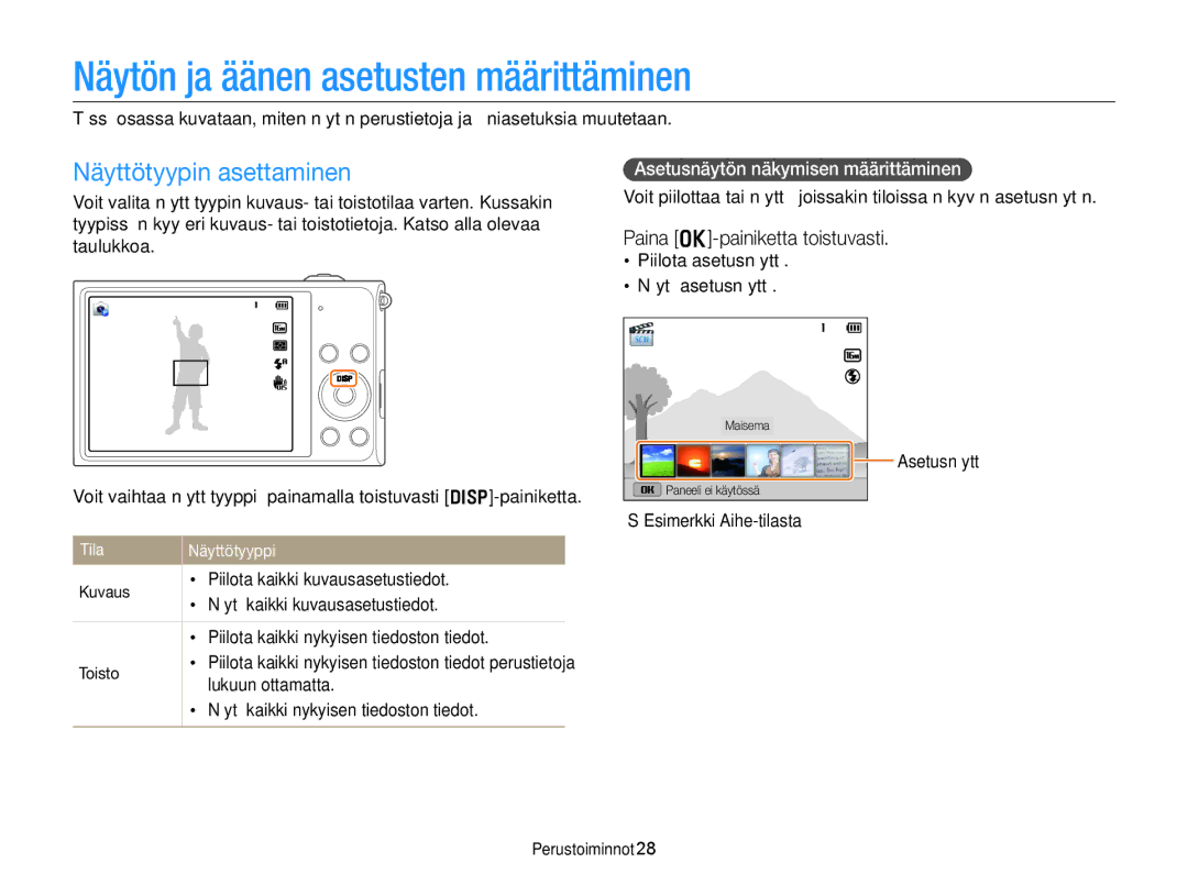 Samsung EC-DV300ZBPRE2 Näytön ja äänen asetusten määrittäminen, Näyttötyypin asettaminen, Paina o-painiketta toistuvasti 