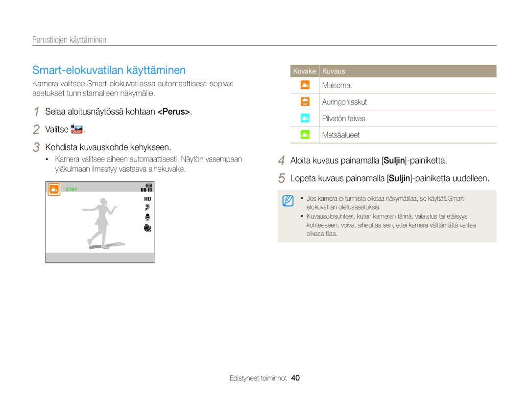 Samsung EC-DV300ZBPRE2, EC-DV300ZBPUE2 manual Smart-elokuvatilan käyttäminen, Aloita kuvaus painamalla Suljin-painiketta 