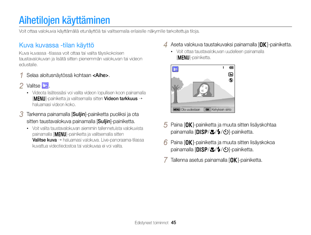 Samsung EC-DV300FBPRE2 Aihetilojen käyttäminen, Kuva kuvassa -tilan käyttö, Selaa aloitusnäytössä kohtaan Aihe Valitse 