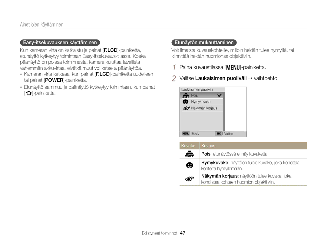 Samsung EC-DV300ZBPUE2, EC-DV300ZBPBE2, EC-DV300FBPUE2, EC-DV300FBPBE2, EC-DV300FBPRE2 manual Easy-itsekuvauksen käyttäminen 