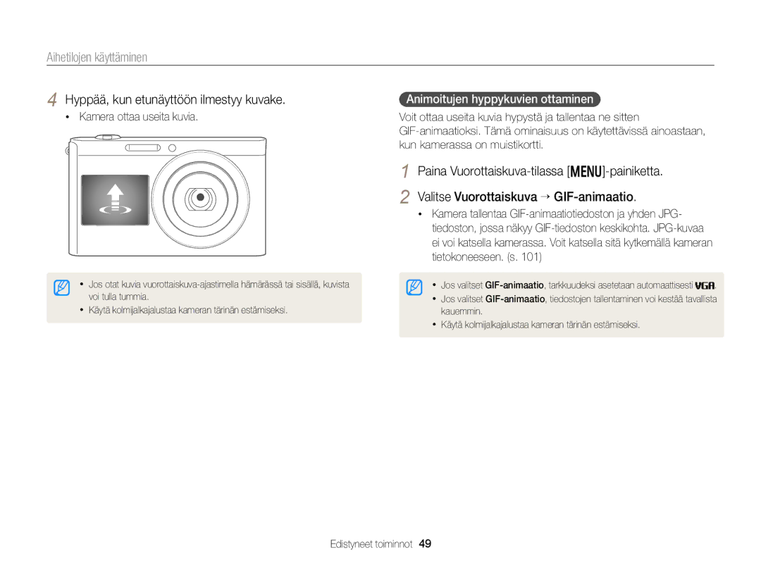 Samsung EC-DV300FBPUE2 Hyppää, kun etunäyttöön ilmestyy kuvake, Kamera ottaa useita kuvia, Kun kamerassa on muistikortti 