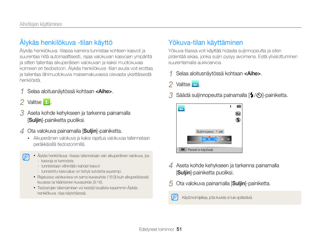 Samsung EC-DV300FBPRE2, EC-DV300ZBPUE2, EC-DV300ZBPBE2 manual Älykäs henkilökuva -tilan käyttö, Yökuva-tilan käyttäminen 